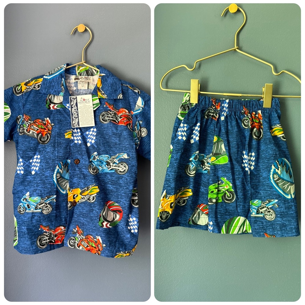 Aloha Republic Boys 3T Motorcycle Print Hawaiian Shirt and Shorts Set New‎ NWT